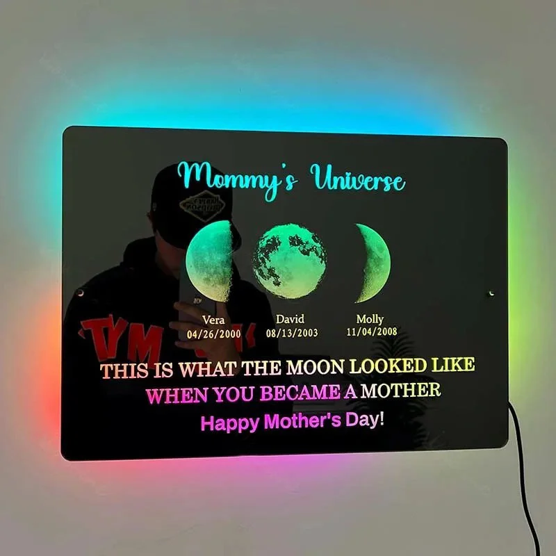 Custom-made acrylic mirror with text date and moon — Zoovio
